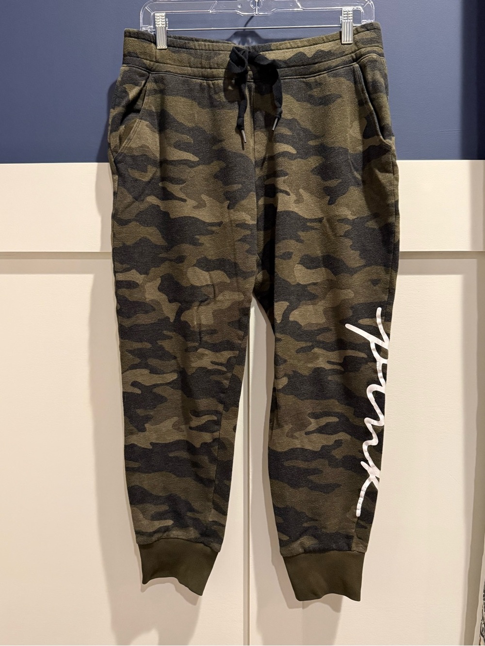 PINK Victoria's Secret Olive Camo Joggers with White Script Size L